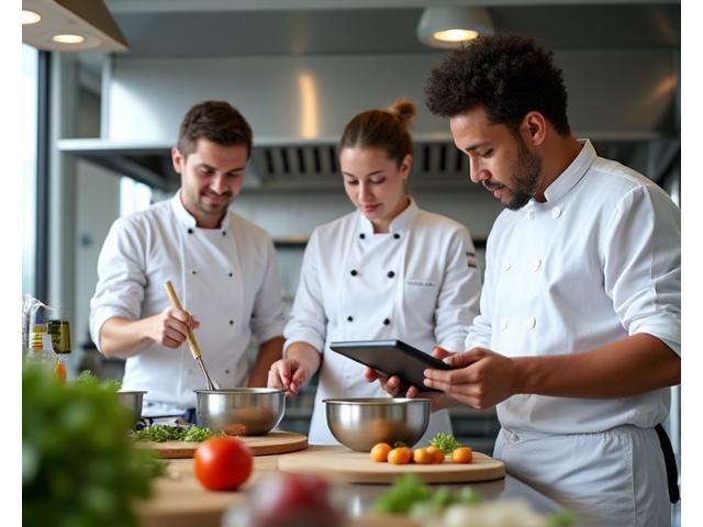 Team collaborating in a modern test kitchen