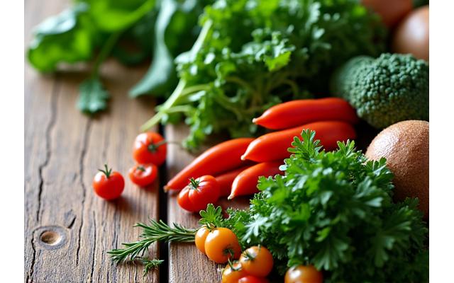 Fresh ingredients laid out on a rustic wooden table