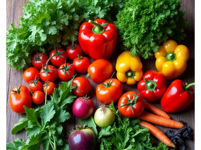Overhead shot of fresh, colorful vegetables on a wooden table, representing farm-to-table editorial