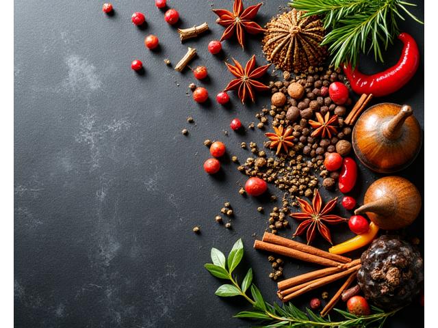 Array of colorful dried spices and fresh herbs on a dark background for an editorial piece