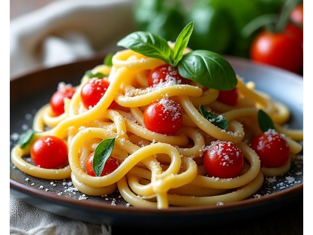 Gourmet pasta dish, artfully styled for a magazine spread