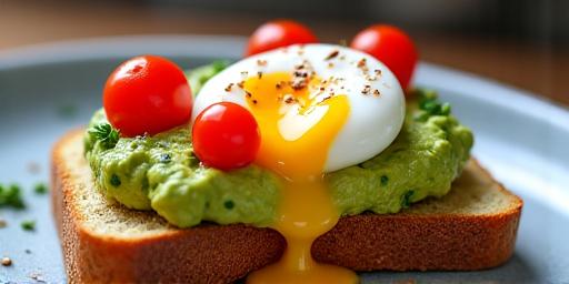 Gourmet avocado toast with poached egg and cherry tomatoes.