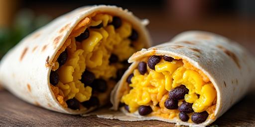 Savory breakfast burrito filled with eggs, beans, and cheese.