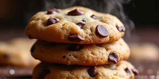 Stack of warm, gooey chocolate chip cookies with melted chocolate.