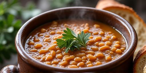 Warm and comforting bowl of lentil soup with crusty bread.