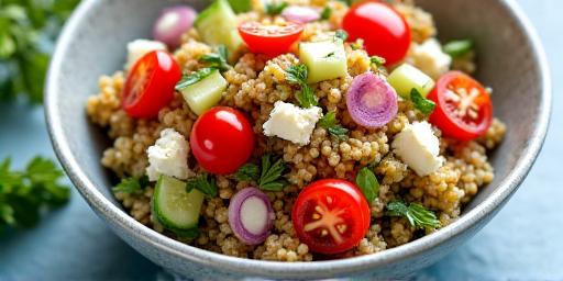 Vibrant quinoa salad with fresh vegetables and a light dressing.
