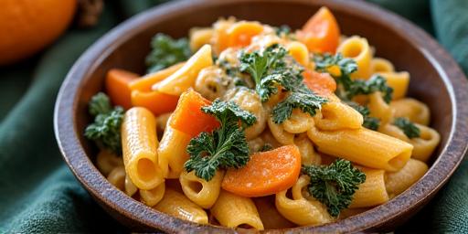 Hearty winter pasta dish with roasted vegetables and creamy sauce.