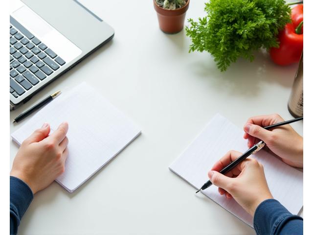 Person writing in a notebook next to fresh produce and a laptop
