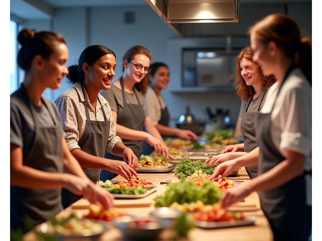 Group of people enthusiastically cooking in a bright kitchen during a class