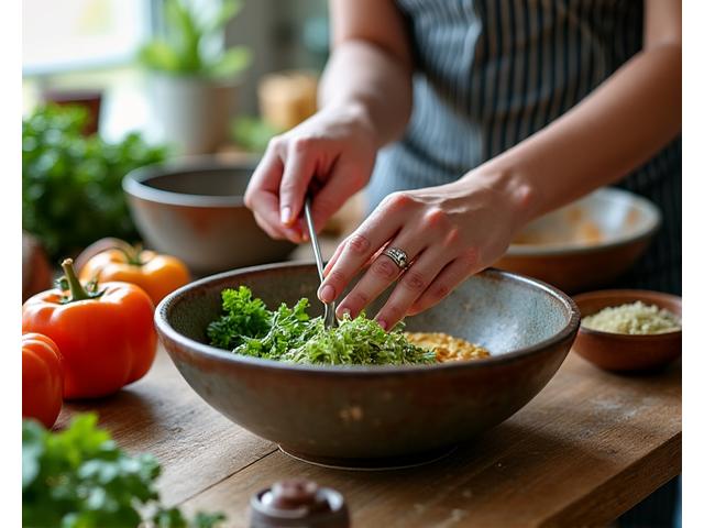 Hands mixing ingredients in a rustic kitchen